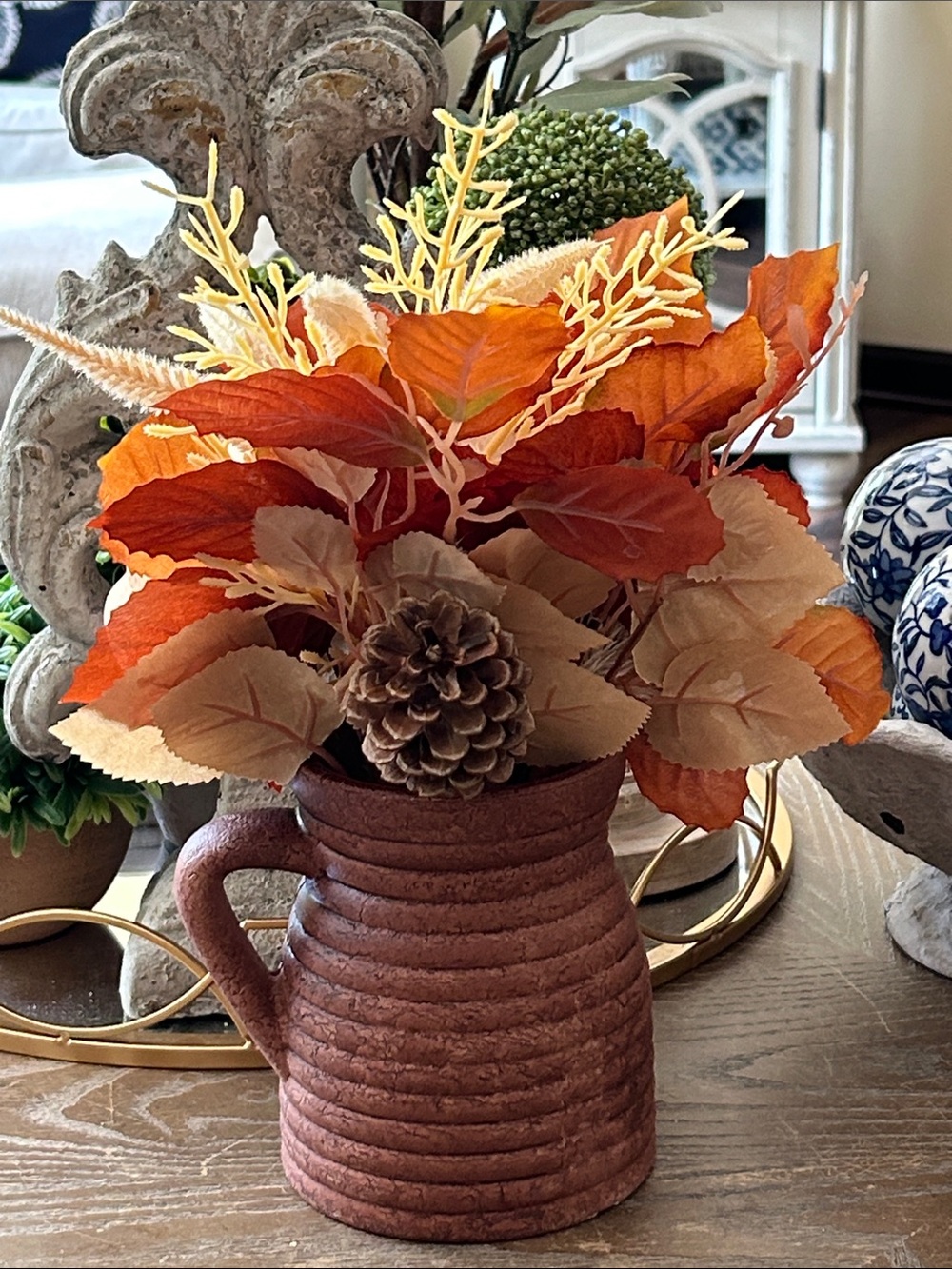 NEW! Shabby Chic Autumn Pumpkin Floral Arrangement in Rustic Ceramic Milk Jug - Picture 5 of 5